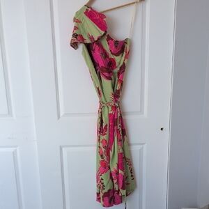 FARM Rio Fresh Garden Green One Shoulder Pink and Green Dress